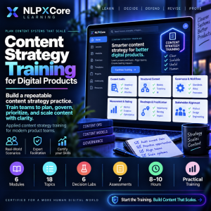 Promotional image for the NLPXCore Content Strategy Training for Digital Products course showing a laptop learning dashboard, content strategy frameworks, governance workflows, and course highlights.