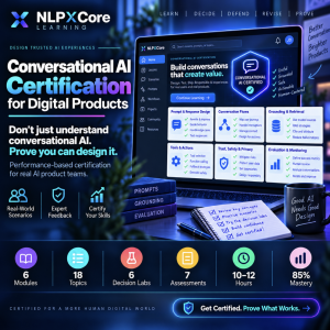 Promotional image for the NLPXCore Conversational AI Certification for Digital Products showing a laptop learning dashboard, certification badge, AI design topics, and course mastery highlights.